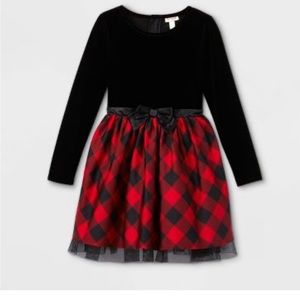 Girls' Velour Buffalo Check Long Sleeve Dress